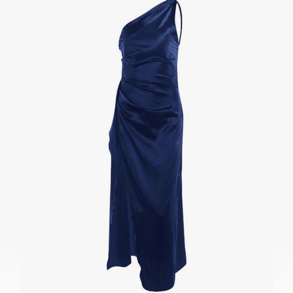 One Shoulder Sleeveless Dress Ruched Ruffle Maxi Dress Split Long Party Dress - Picture 5 of 9